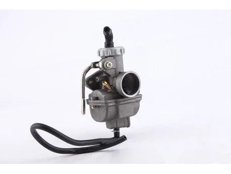 110cc PZ20 carburetor with metal choke and black hoses isolated on white background