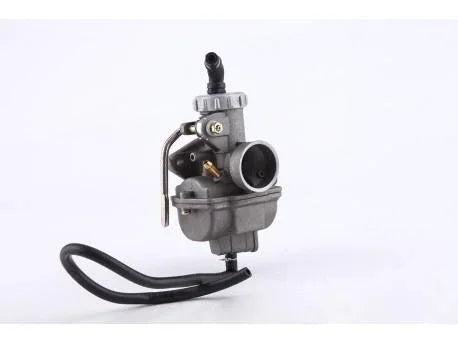 110cc PZ20 carburetor with metal choke and attached black fuel hose on white background