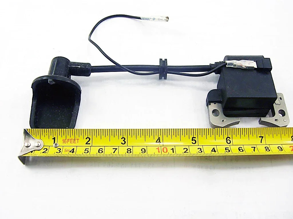 Black motorcycle ignition coil with wiring, shown with tape measure for size reference