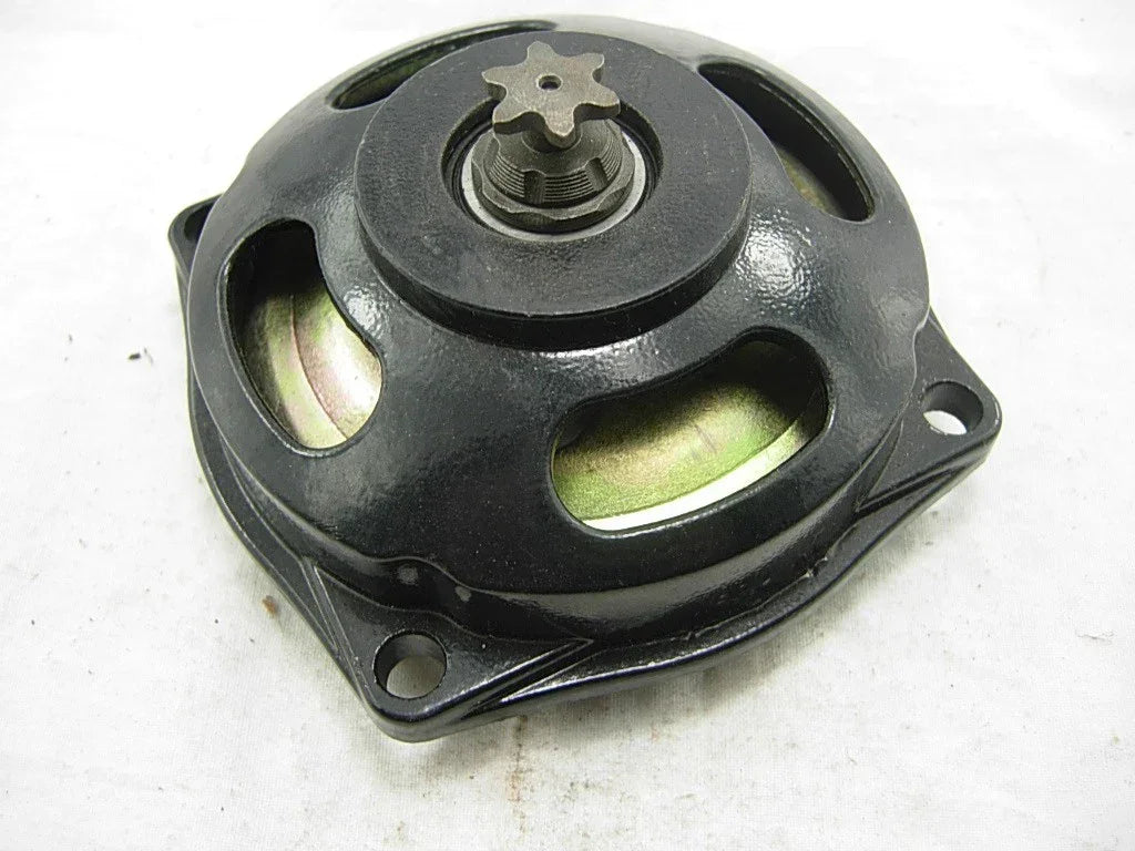 Black engine clutch assembly for motorcycles, ATVs, or go-karts with visible gear and mounting holes