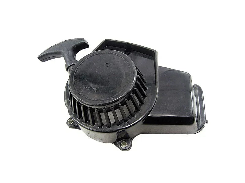 Black motorcycle engine cover with cooling fins and pull start handle for ATVs, dirt bikes, scooters