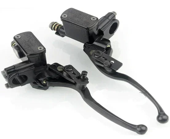 Pair of Chinese Parts USA AV brake master cylinders, right and left handles, showing metal components and mounting points.