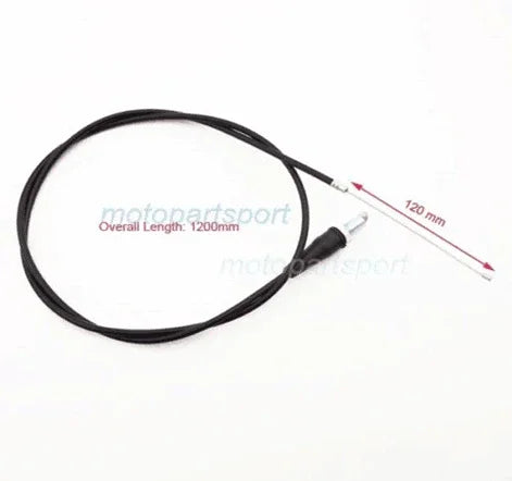 1200mm throttle cable for mini bikes and pocket bikes, made by Chinese Parts USA, shown with black tubing and metal connectors.