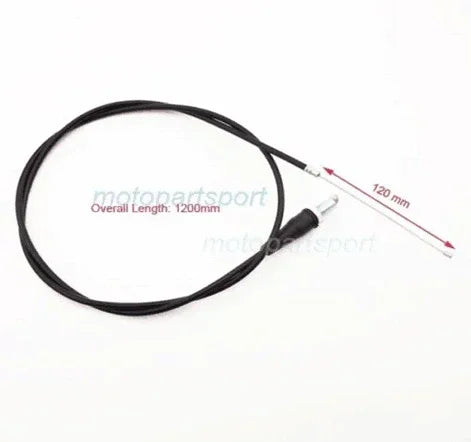 1200mm throttle cable for mini bikes and pocket bikes, made by Chinese Parts USA, shown with black tubing and metal connectors.