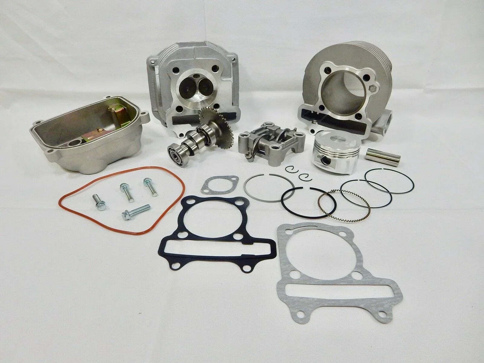 ChinesePartsUSA 58.5mm 155cc big bore kit for scooter, ATV, and kart with 150cc GY6 motors, shown with cylinder and engine components.