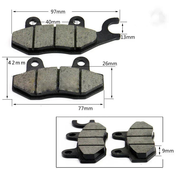 Motorcycle brake pads with dimensions for ATVs, dirt bikes, and scooters