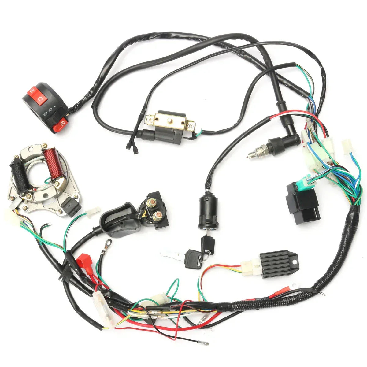 Complete motorcycle wiring harness with ignition switch, CDI, stator, and connectors for ATVs, dirt bikes, scooters