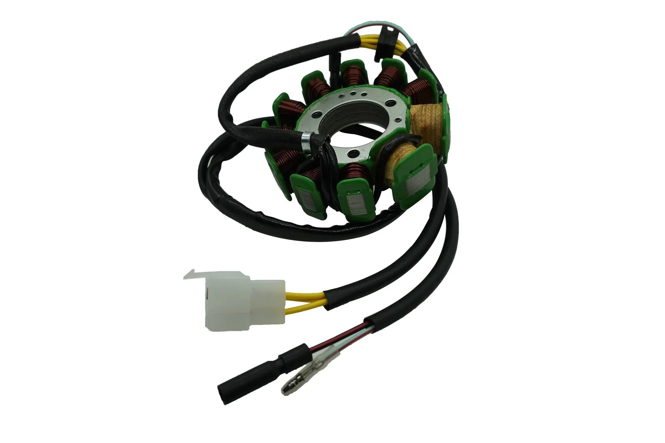 11-coil magneto stator for CG150 200cc 250cc dirt bikes, ChinesePartsUSA, showing the black coil assembly and mounting points.