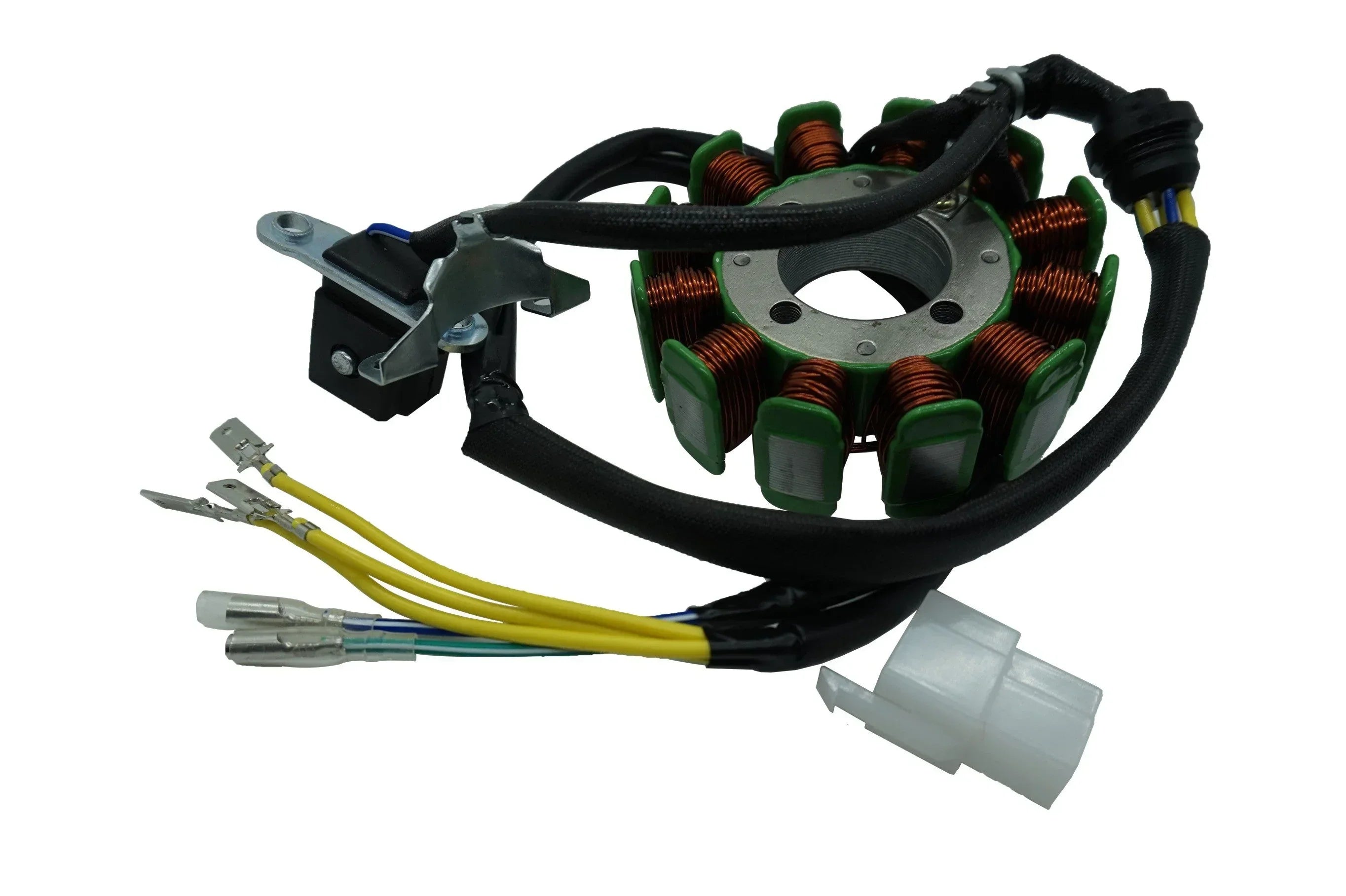 12 coils poles magneto stator for CG150, CG200, and CG250cc dirt bike from ChinesePartsUSA, showing the stator's coils and metal structure.
