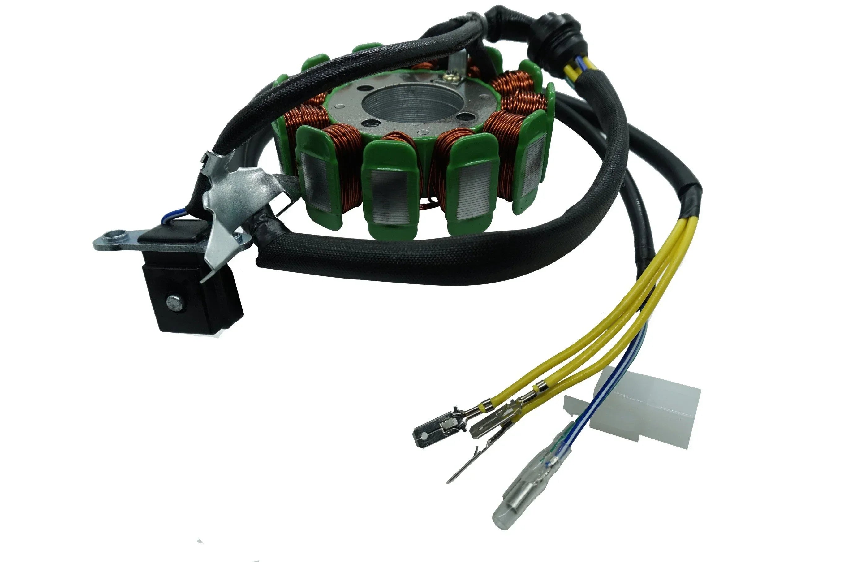 12 coils magneto stator for CG150, CG200, and CG250cc dirt bikes, from ChinesePartsUSA, showing the stator with coils and mounting points.