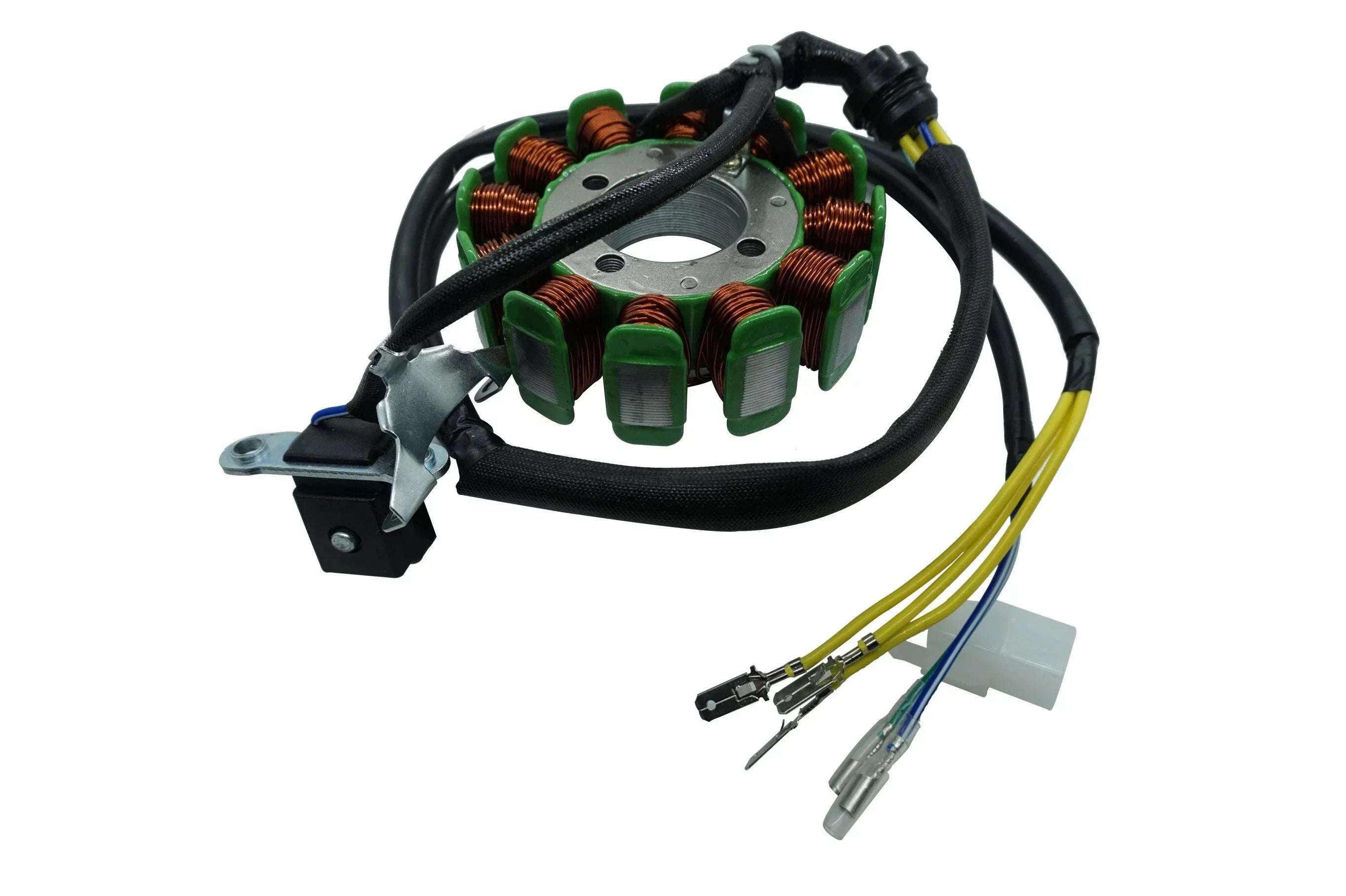 12 coils magneto stator for CG150, CG200, CG250cc dirt bikes, ChinesePartsUSA brand, showing copper wire coils and metal frame.