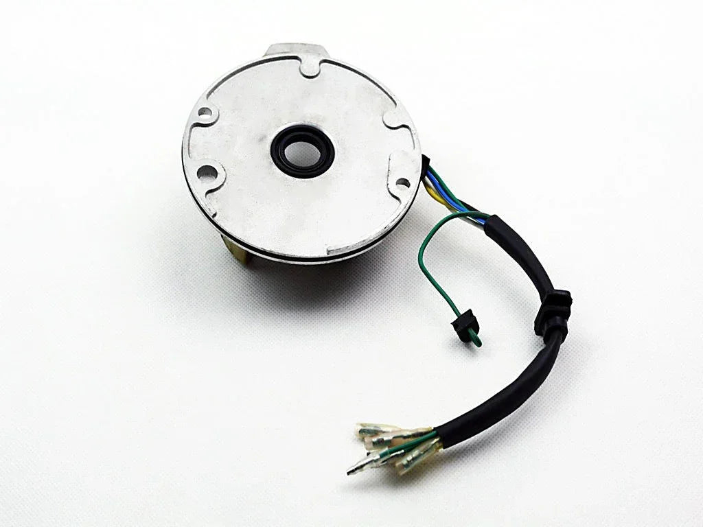 ChinesePartsUSA 2-coil magneto stator for 70cc to 125cc kick start dirt bikes, shown with mounting points and electrical connections.