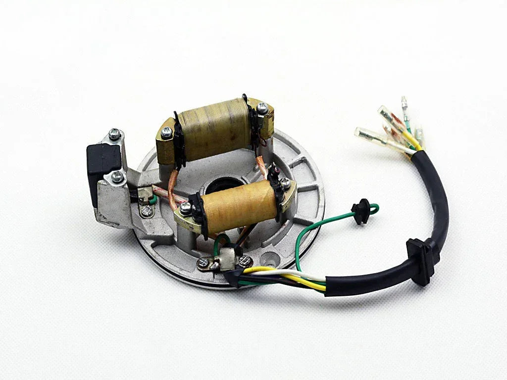 Two-coil magneto stator for 70cc to 125cc dirt bikes, compatible with SSR, Coolster, Roketa, and other kick-start pit bikes from ChinesePartsUSA.