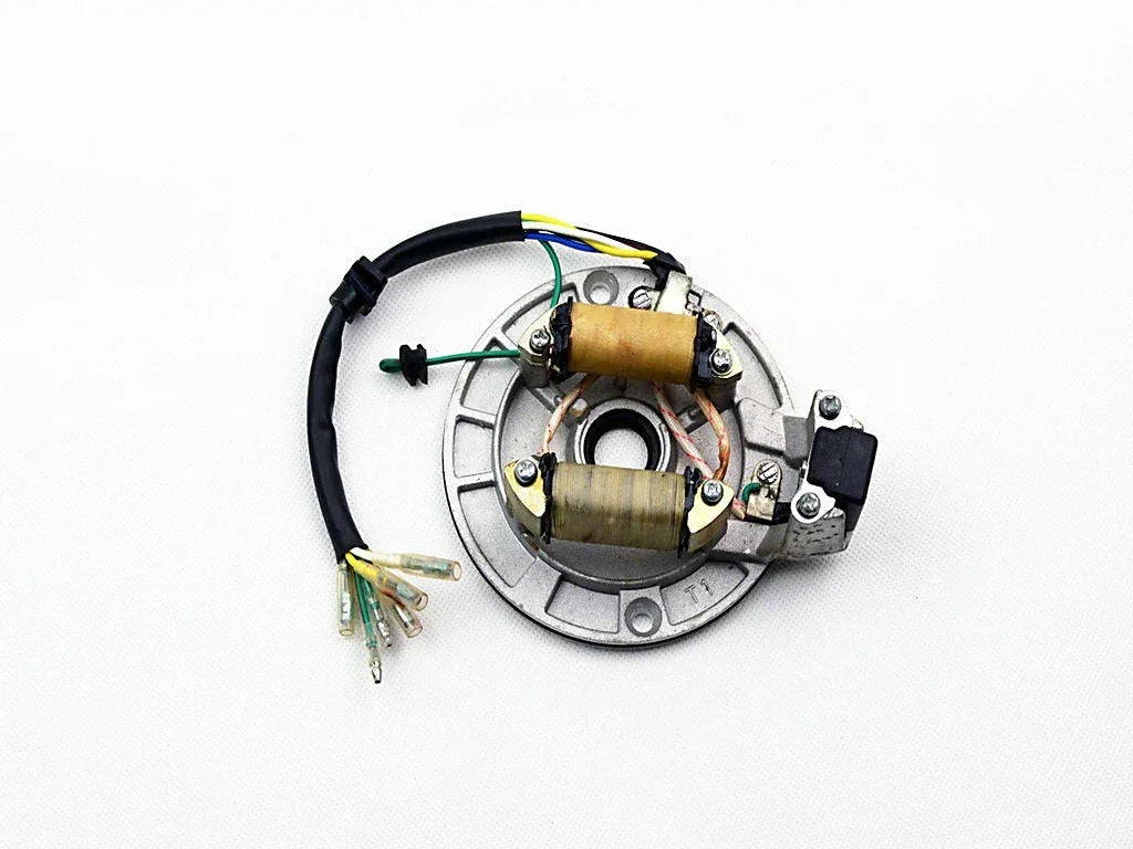 2-coil magneto stator for 70cc to 125cc dirt bikes, compatible with SSR, Coolster, Roketa, and other kick-start pit bikes.