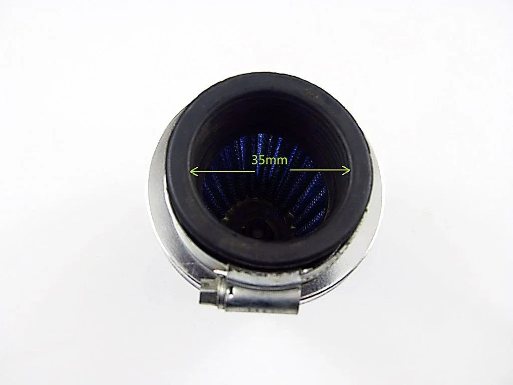 35mm air filter for dirt bike, ChinesePartsUSA brand, showing the cylindrical filter element with mesh exterior.