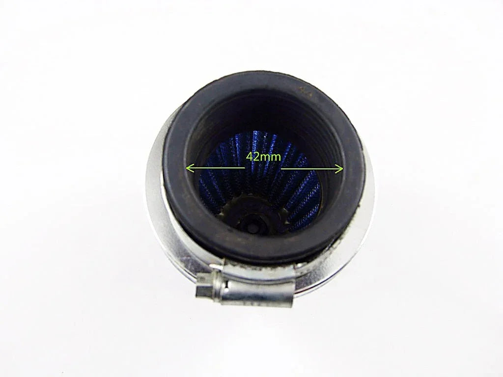 42mm dirt bike air filter from ChinesePartsUSA, showing the pleated paper element and protective rubber frame for engine filtration.