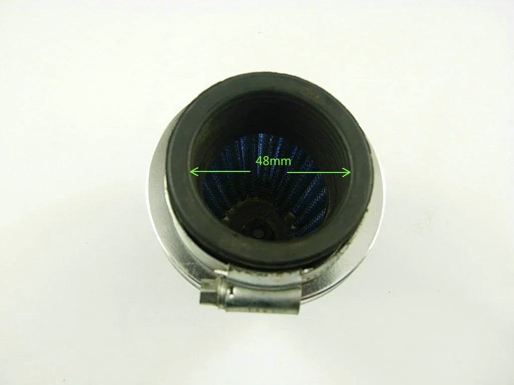 48mm dirt bike air filter from ChinesePartsUSA showing a cylindrical foam filter for motorcycle air intake.