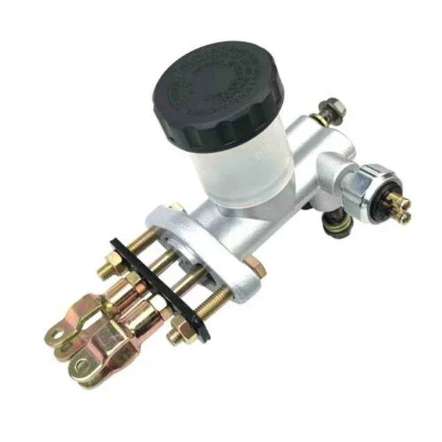 Silver motorcycle brake master cylinder with black reservoir cap and gold fittings for ATVs, dirt bikes, scooters