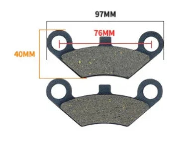 Motorcycle brake pads with 97mm x 76mm x 40mm dimensions for dirt bikes, ATVs, and scooters