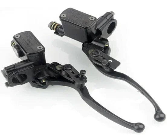 Black motorcycle brake levers with master cylinders for ATVs, dirt bikes, or scooters