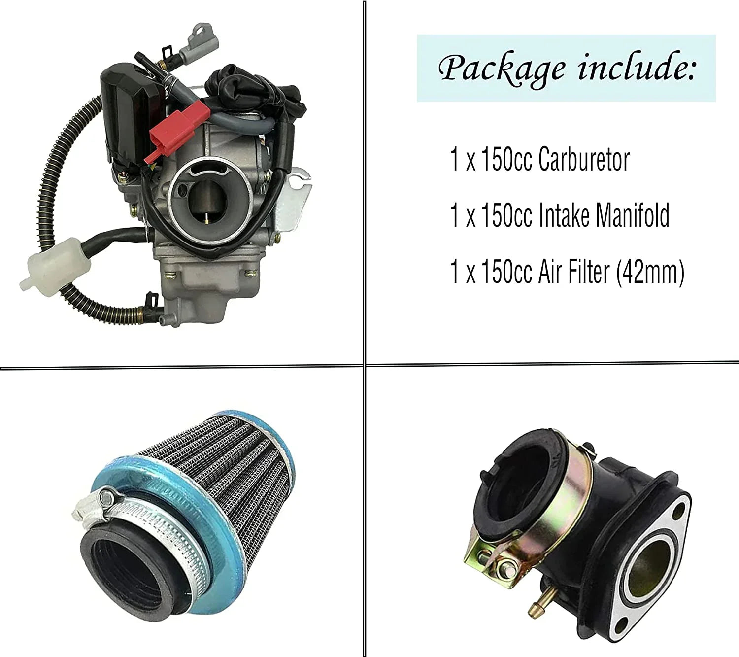 150cc GY6 4-stroke carburetor with air filter and intake manifold for motorcycle and scooter engines, electric choke included.