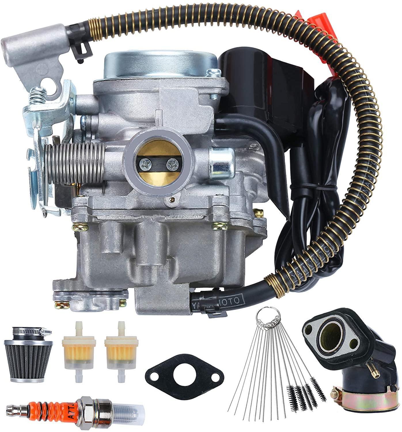 139QMB carburetor for GY6 49cc-50cc 4-stroke scooters, moped, ATV, and go-kart with air filter and intake manifold.