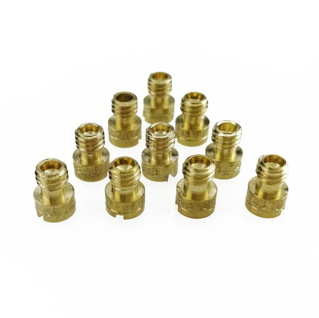 10-piece GY6 carburetor main jet set for 49cc, 50cc, 80cc, 100cc Chinese scooters, compatible with 139QMB and 139QMA engines.