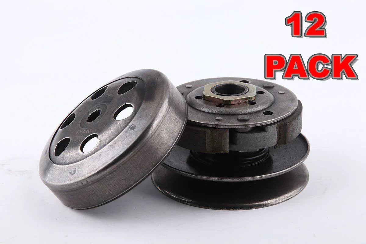 12* QMB139 GY6 50cc clutch assembly with bell for scooter engine parts, featuring metal components and clutch housing.