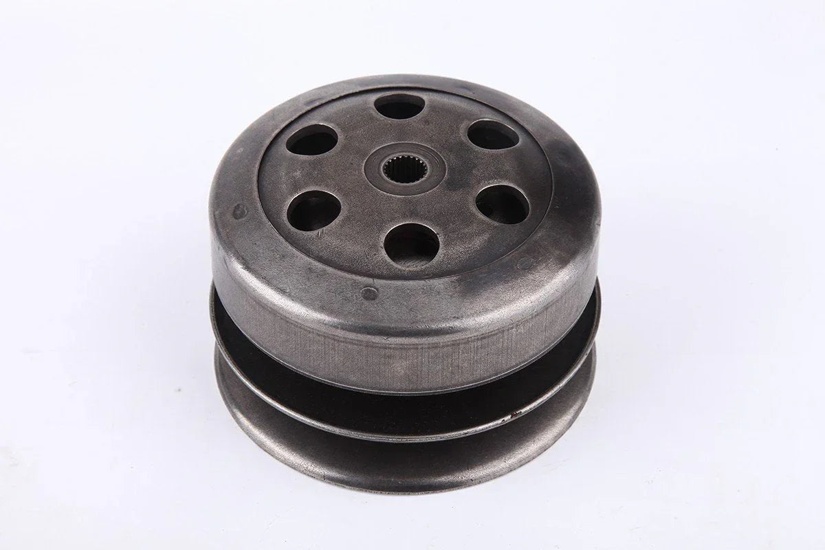 Gray 50cc GY6 QMB139 scooter clutch assembly with bell, compatible with ChinesePartsUSA engine parts, shown with mounting components.