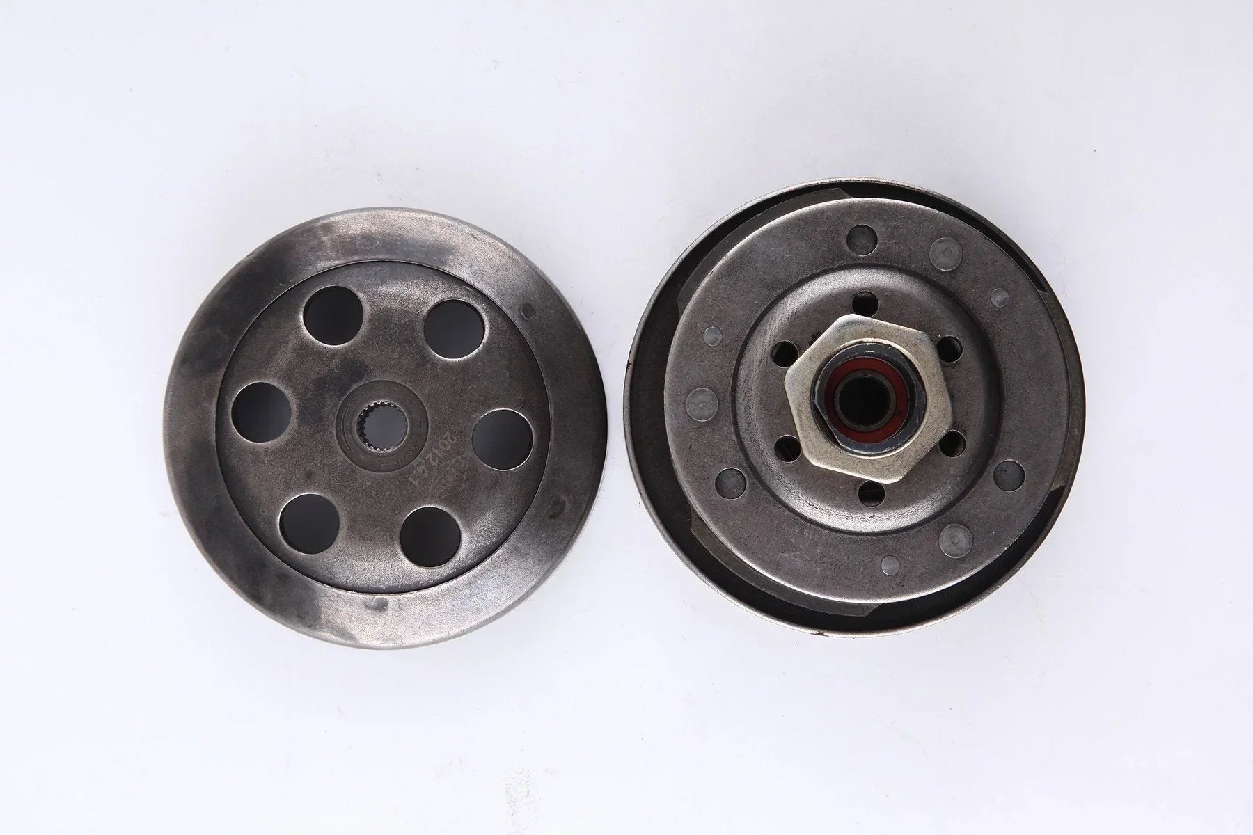12* QMB139 GY6 50cc scooter clutch assembly with bell, ChinesePartsUSA, showing metal clutch parts and bell components.