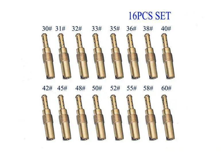 16-piece carburetor idle jet set for GY6 150cc and 125cc ChinesePartsUSA motorcycle carburetors, includes essential replacement parts.