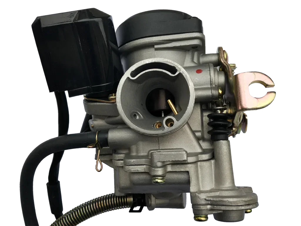 Silver motorcycle carburetor with black plastic cover and attached hoses isolated on white