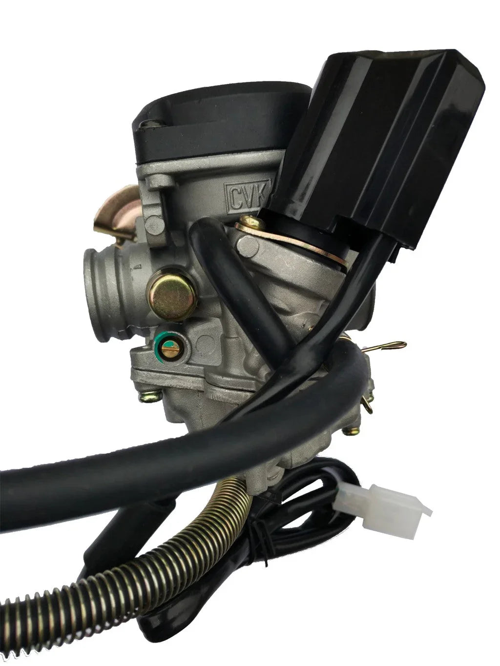 Close-up of a CVK motorcycle carburetor with metal body, black plastic cover, hoses, and wiring connector