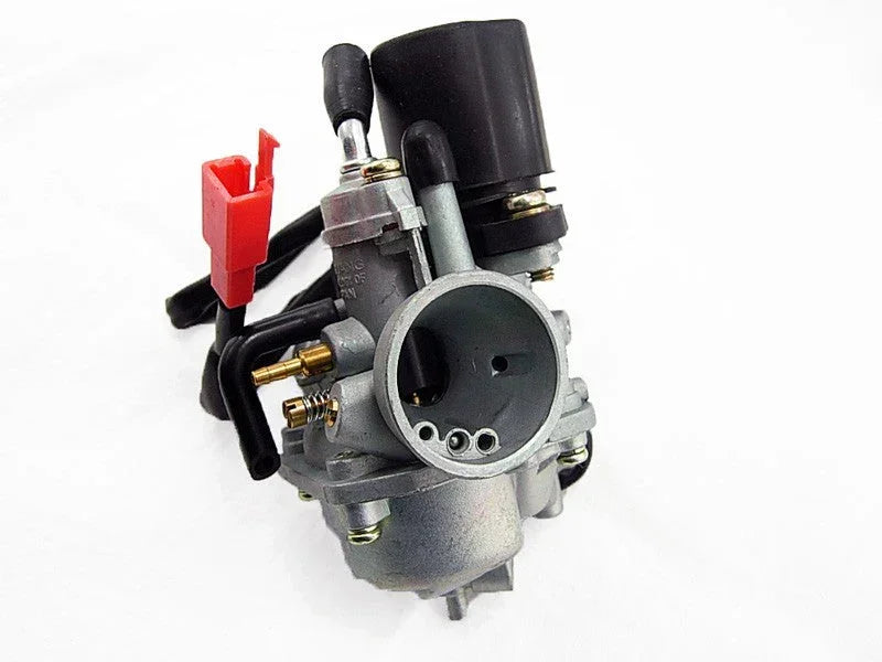 2-stroke 50cc Minarelli Yamaha Jog carburetor, compatible with 1PE40QMB engine, in black with visible throttle and connectors.