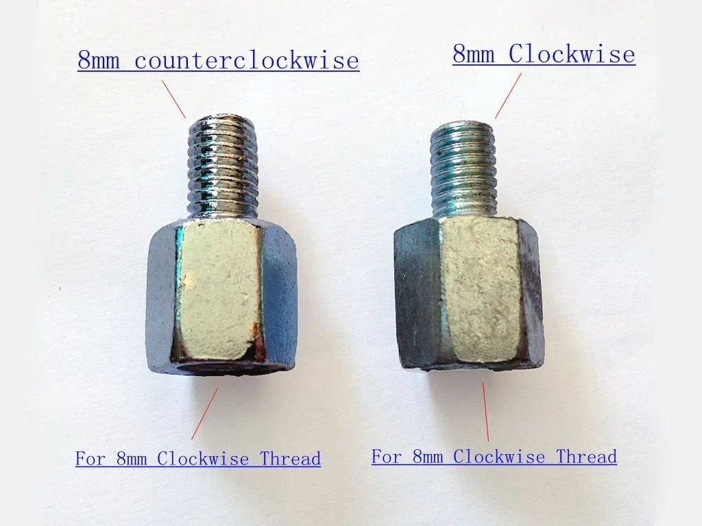 Two motorcycle 8mm reverse mirror conversion screw adapters from ChinesePartsUSA, standard size, shown in close-up.