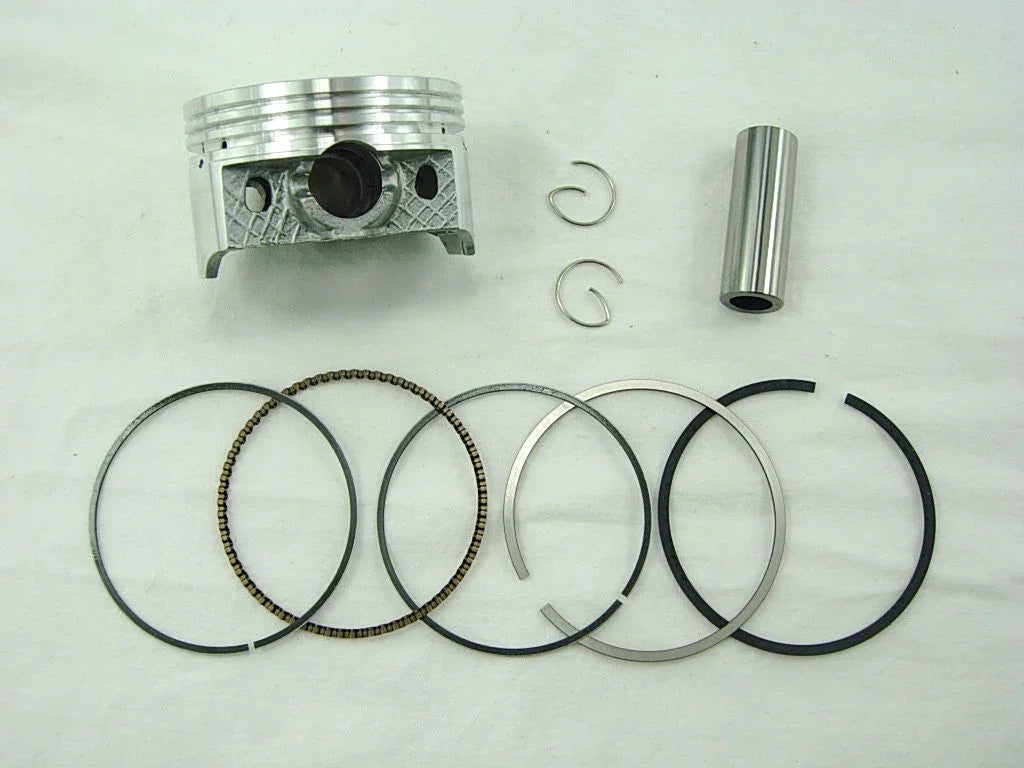 61mm piston set with rings, pin, and clips for GY6 180cc engine, laid out on white background
