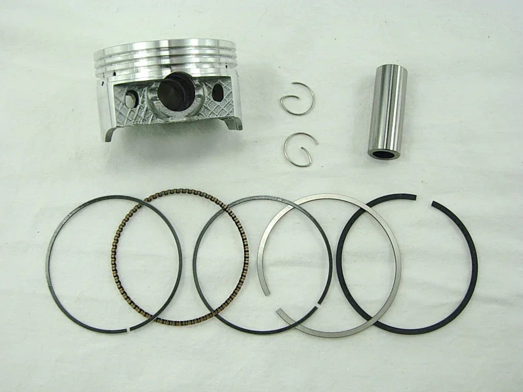 61mm piston set with rings, pin, and clips for GY6 180cc engine, laid out on white background