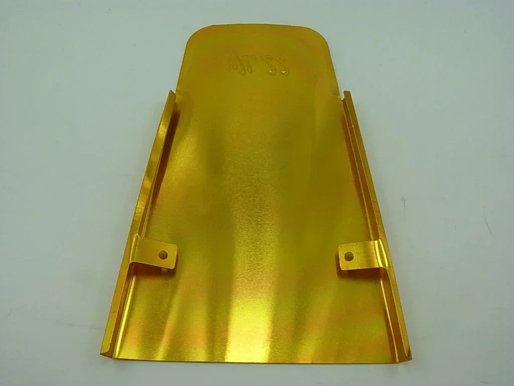 Golden motorcycle front fender guard for dirt bikes or ATVs, durable metal construction with mounting tabs
