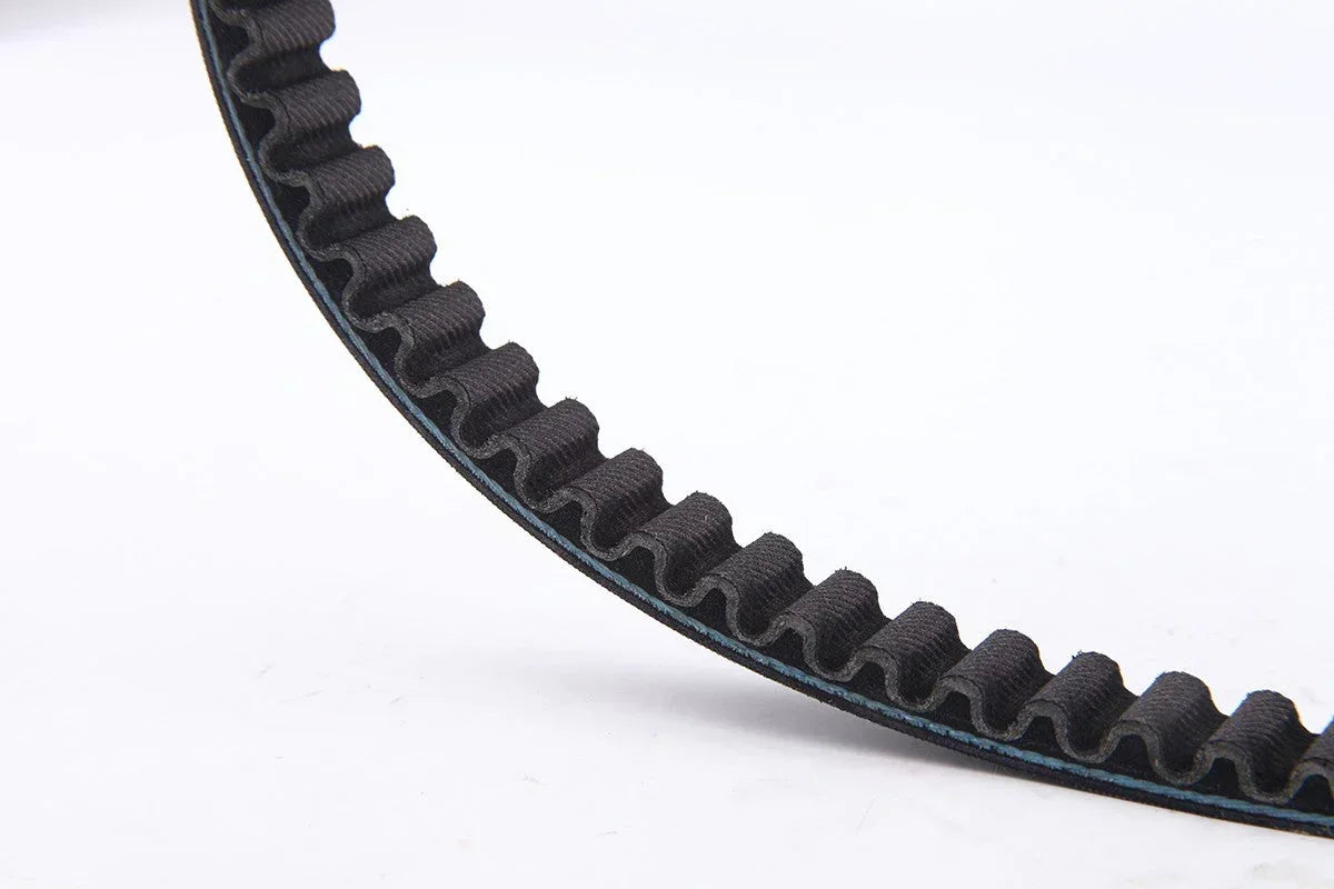 Close-up of scooter GY6 50cc drive belt with teeth, black rubber on white background