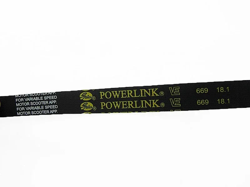 Gates Powerlink 669 18.1 drive belt for GY6 50cc scooter, black with yellow text
