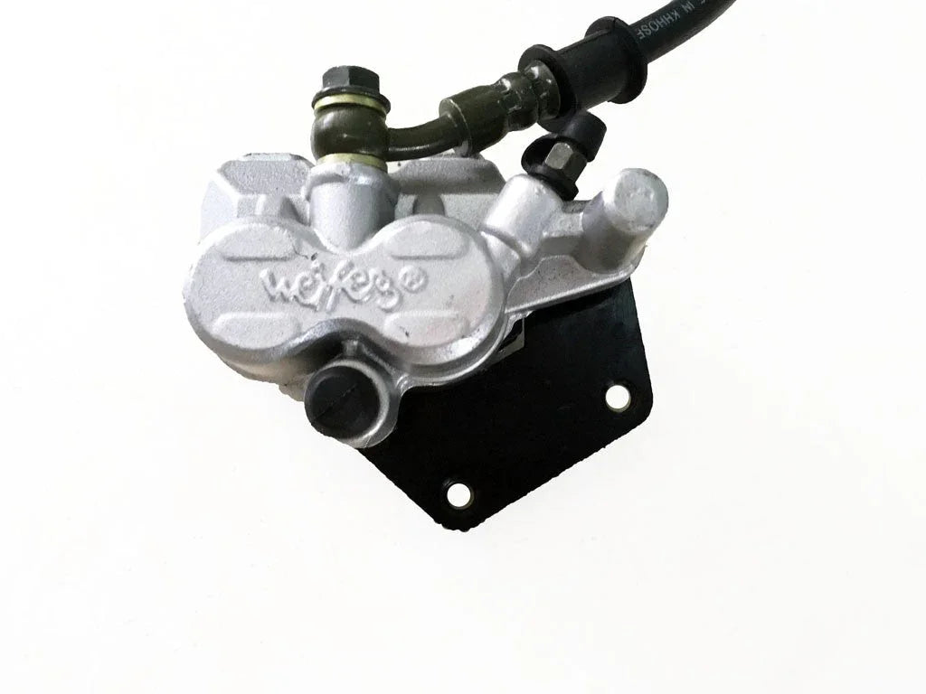 Hydraulic brake caliper assembly for GY6 125cc Chinese scooter, featuring a sturdy hydraulic cylinder for reliable stopping power.