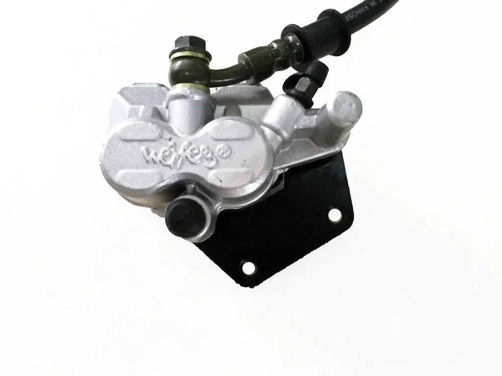 Hydraulic brake caliper assembly for GY6 125cc Chinese scooter, featuring a sturdy hydraulic cylinder for reliable stopping power.