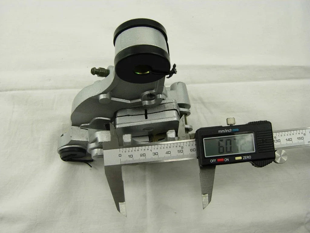 ChinesePartsUSA brake caliper for GY6 50CC scooter, showing the metal component with mounting brackets and hydraulic hose connection.