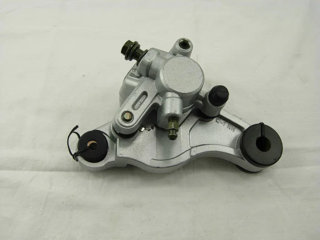 ChinesePartsUSA brake caliper for GY6 50cc scooter, showing the metal component with mounting brackets and pistons.