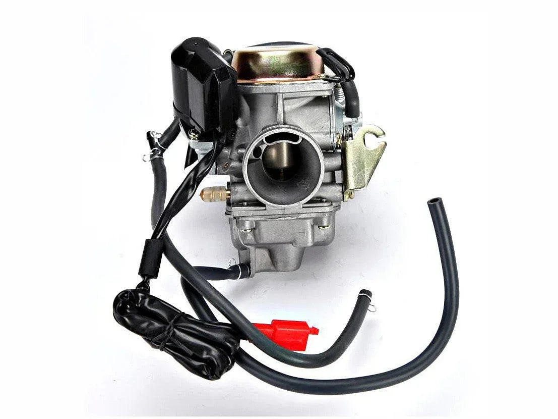 Carburetor for GY6 125cc and 150cc engines from ChinesePartsUSA, showing detailed view of engine parts and components.