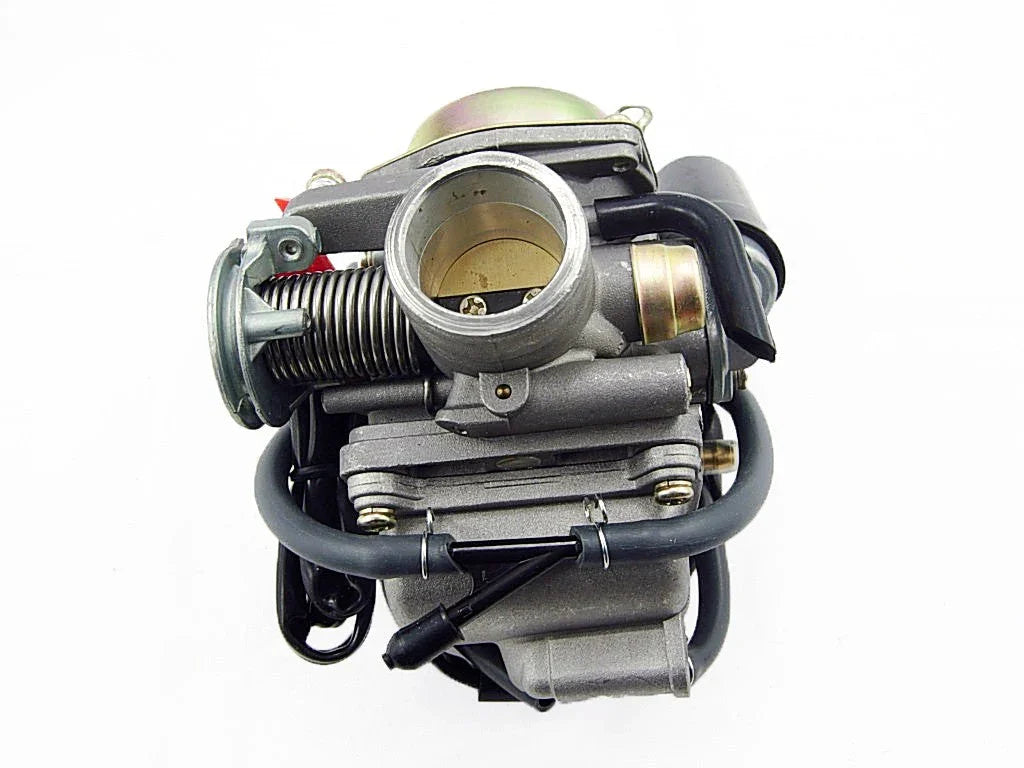 Metal motorcycle carburetor with spring, throttle valve, and attached rubber hoses on white background