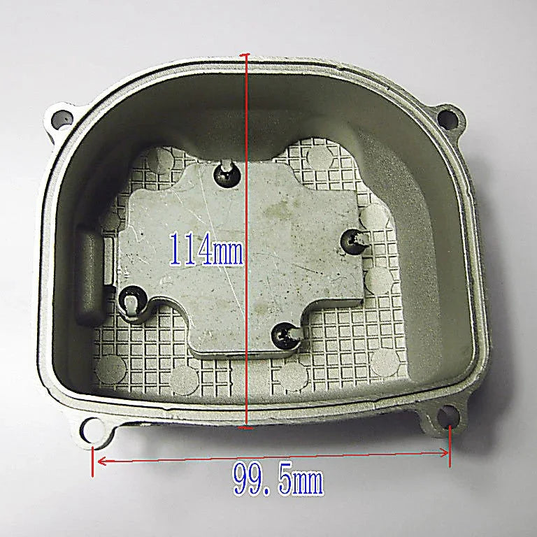 Rectangular metallic engine cover with internal mounting plate measuring 114mm by 99.5mm