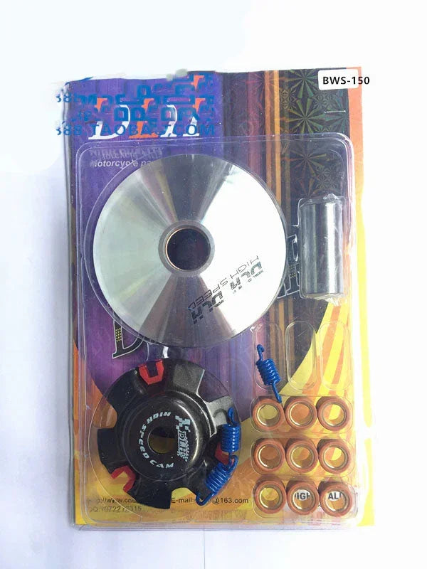 GY6 150cc scooter variator drive pulley kit with rollers, springs, and components in packaging