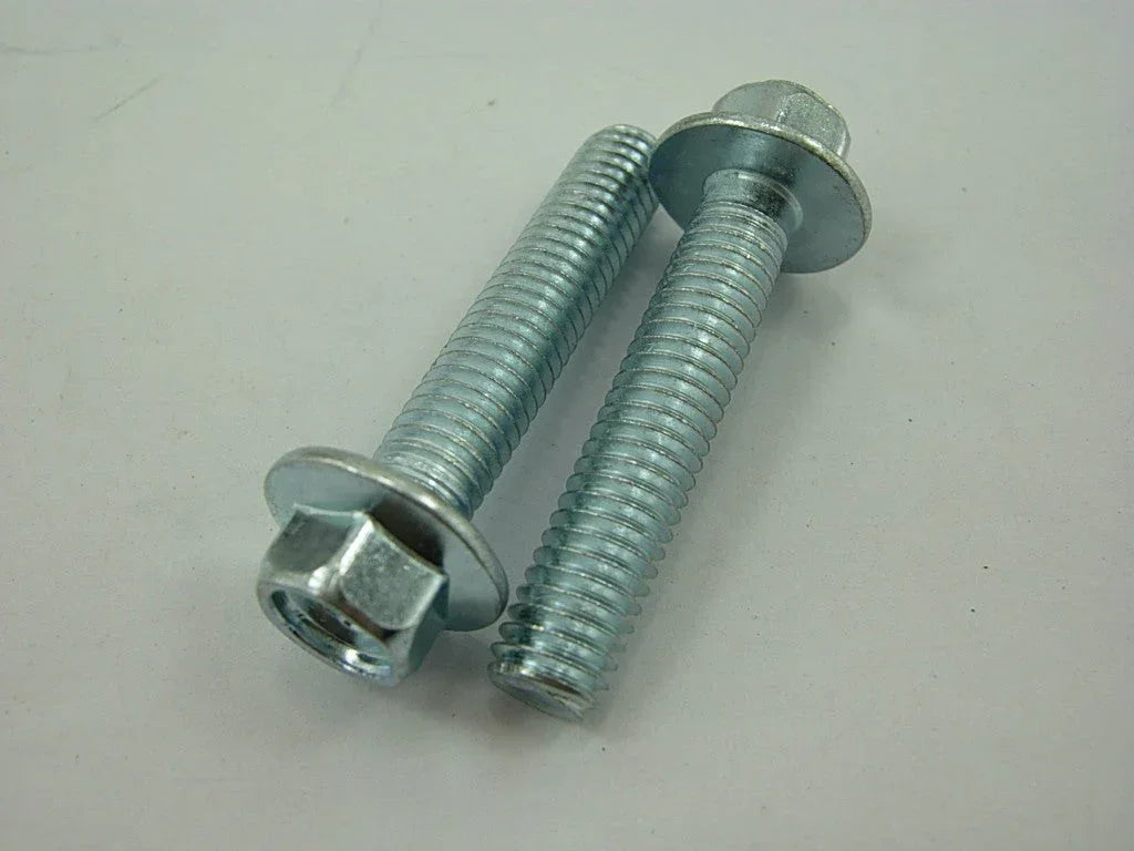 Two black M6x30 flange bolts from ChinesePartsUSA, metal fasteners with hex heads, on a plain background.