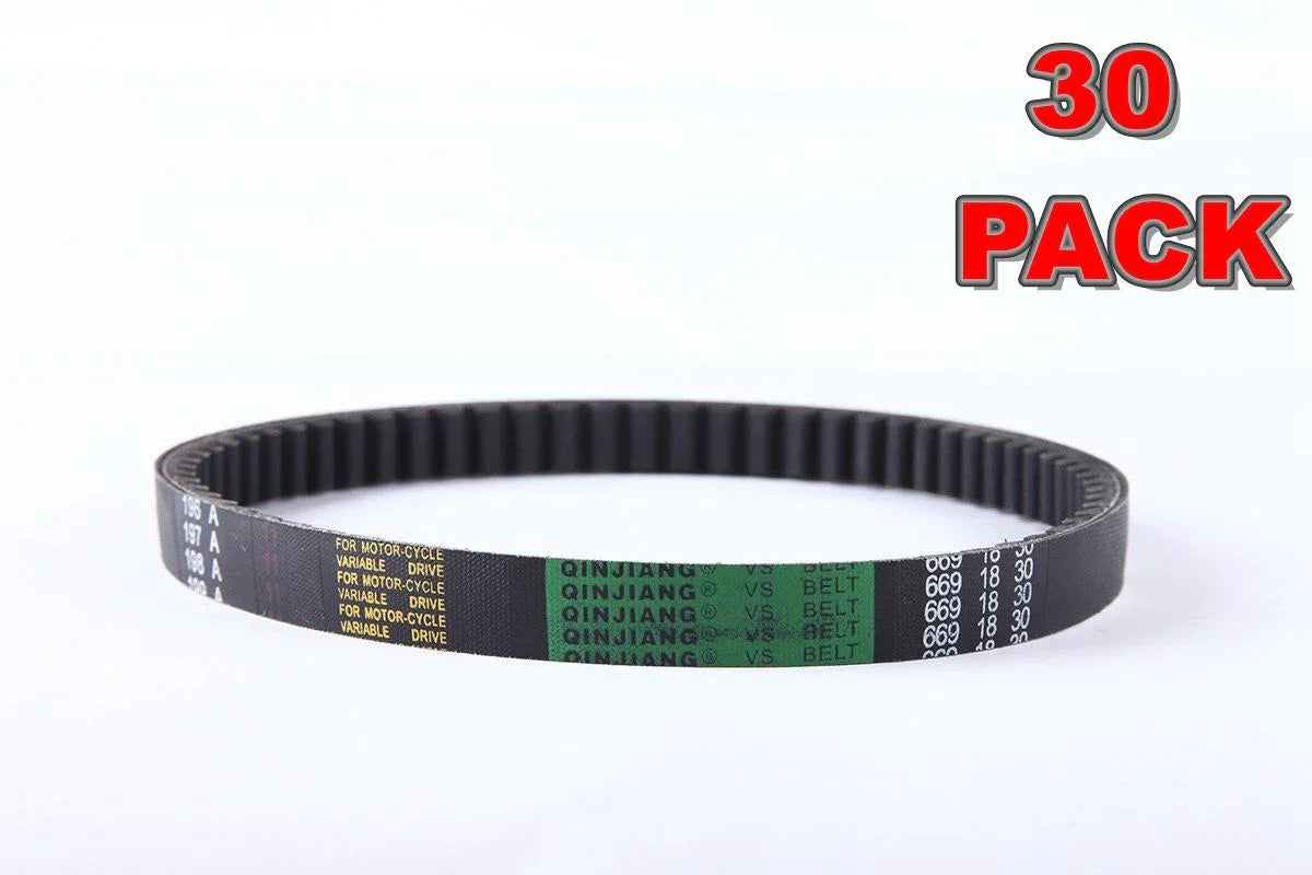 A black ChinesePartsUSA GY6 669 18 30 drive belt for 50cc, 60cc, and 80cc scooters/ATVs is displayed on a white surface. Bold red and white text in the corner reads "30 PACK." #Free Shipping#.